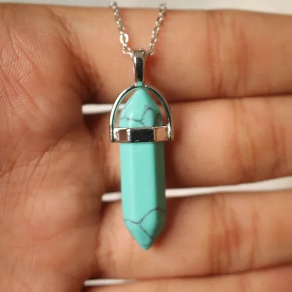 Turquoise Howlite Crystal Point Necklace – Silver Tone Chain, Healing Stone Pend - Picture 4 of 5